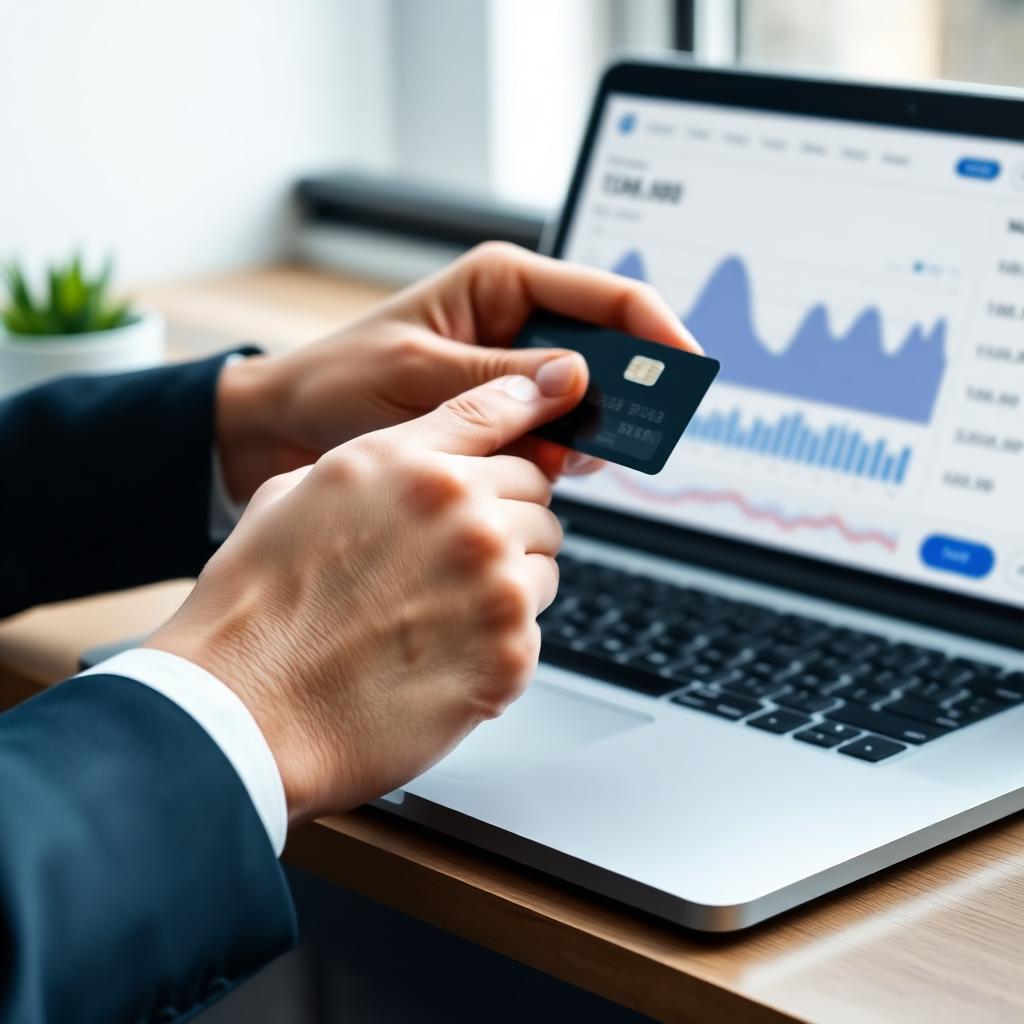 Build Credit Professional reviewing financial dashboard with credit card
