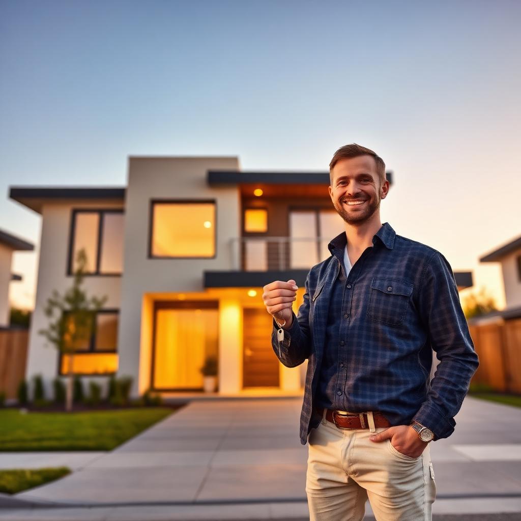 Buy Real Estate Homeowner with keys in front of a modern home