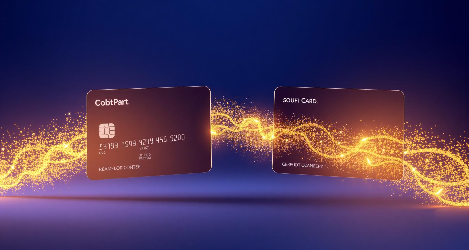 Cinematic 3D render of one credit card lifting a heavy chain off another, symbolizing balance transfer relief.
