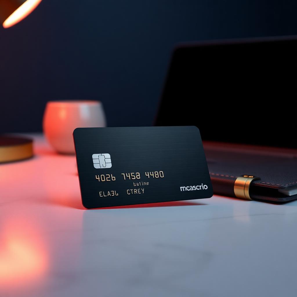 Cinematic 3D render of a business credit card over a minimalist desk with a laptop and ledger, symbolizing small business spending.