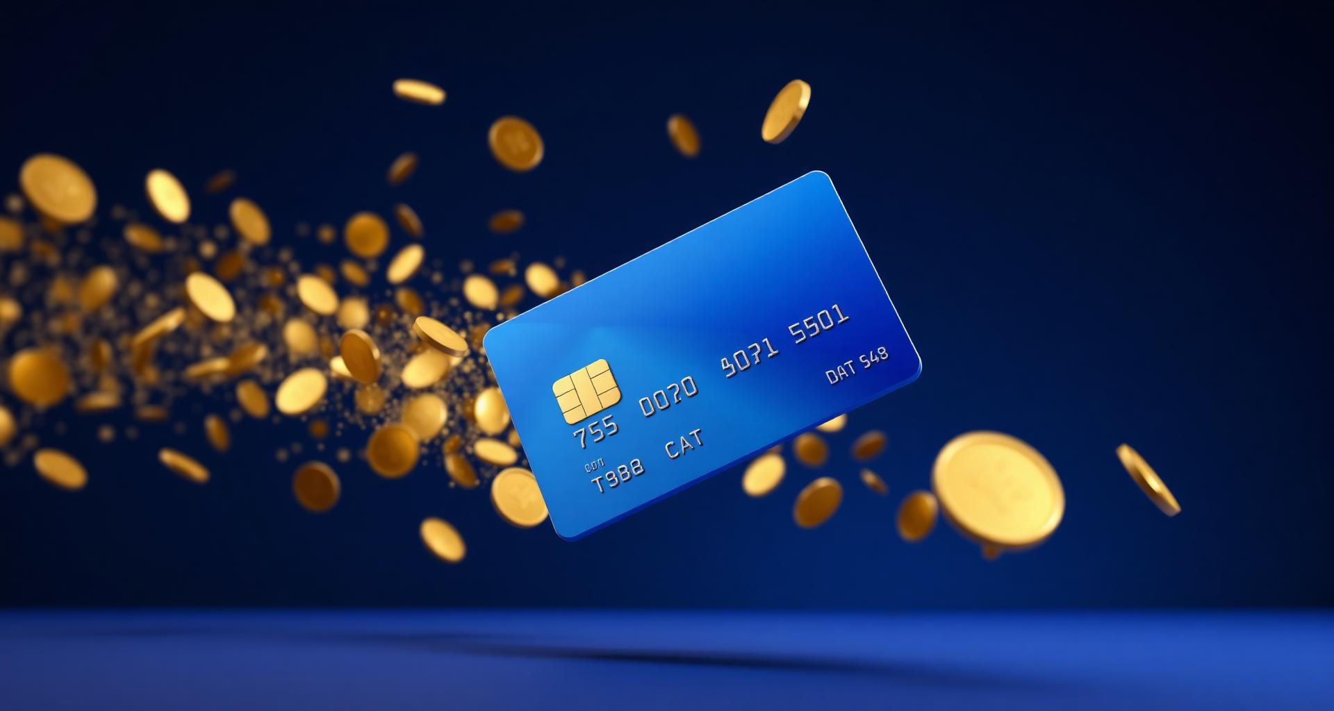 Cinematic 3D render of coins raining onto a metallic cash back credit card under warm studio lighting.