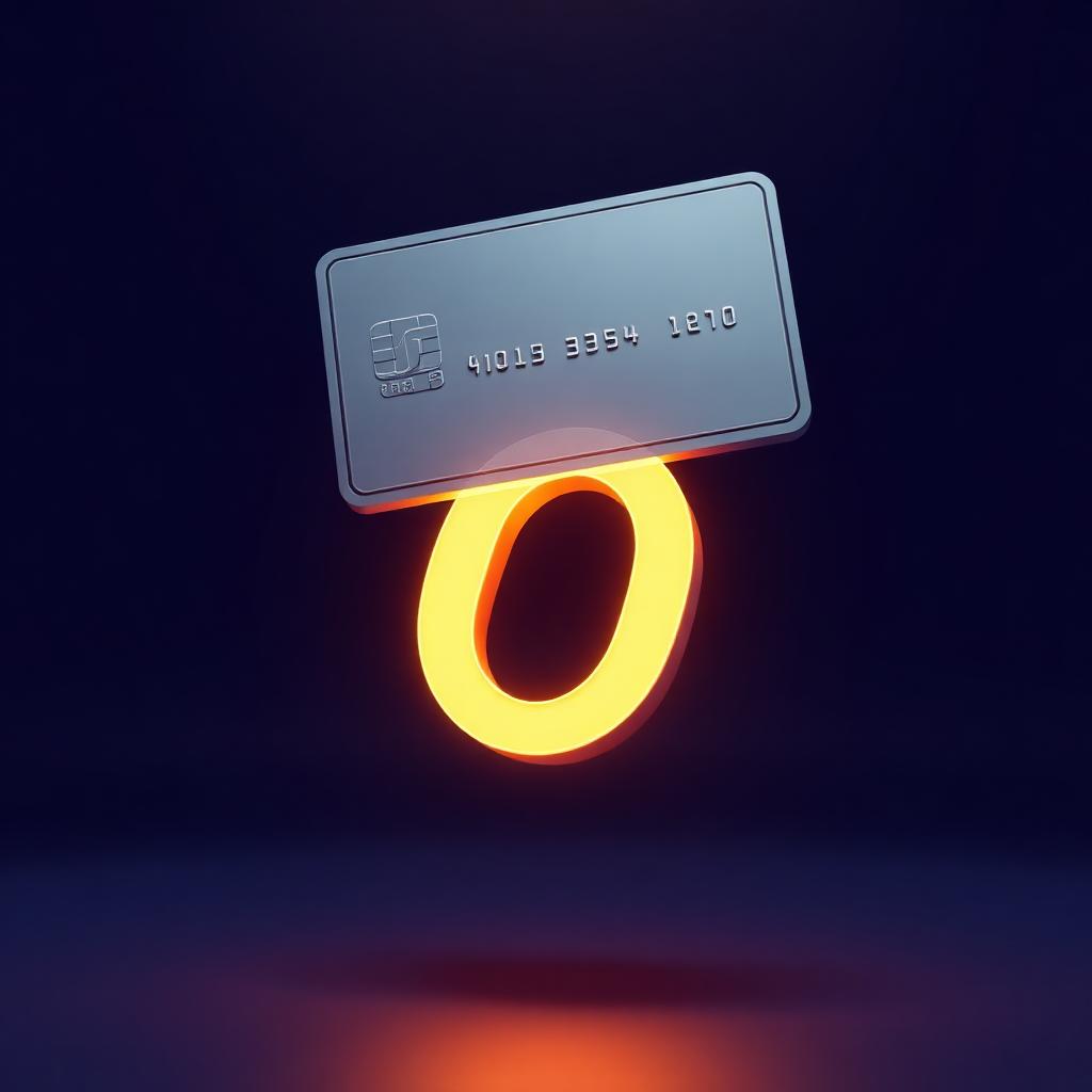 Cinematic 3D render of a no-annual-fee credit card floating above a zero-dollar tag on a navy backdrop.