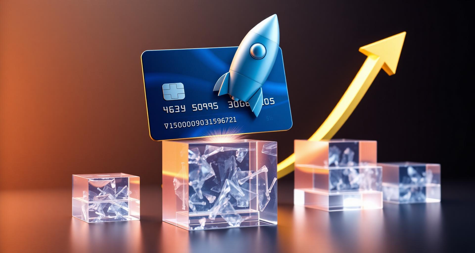 Cinematic 3D render of a secured credit card locked to a foundation stone, symbolizing credit building.