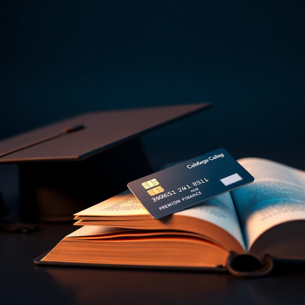 Cinematic 3D render of a student credit card resting on an open textbook, symbolizing building credit while enrolled.