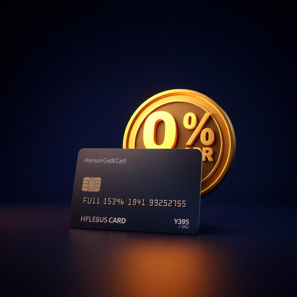 Cinematic 3D render of a credit card next to a glowing 0% APR seal, symbolizing an intro APR promotional window.