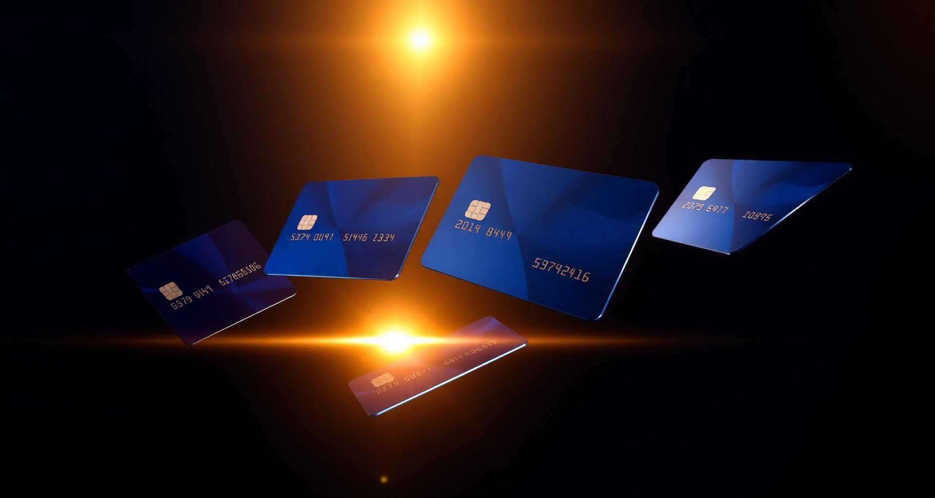 Fanned display of premium U.S. credit cards on a warm-lit navy studio backdrop, symbolizing the UseYourCredit educational library.