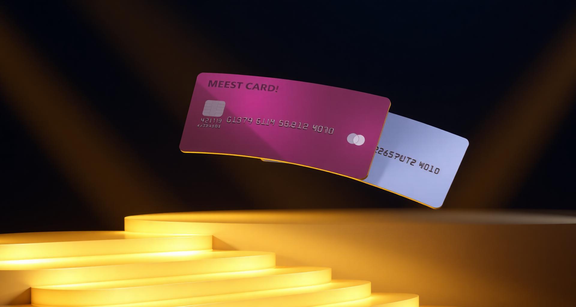 Cinematic 3D render of Capital One credit cards fanned across a warm studio backdrop.
