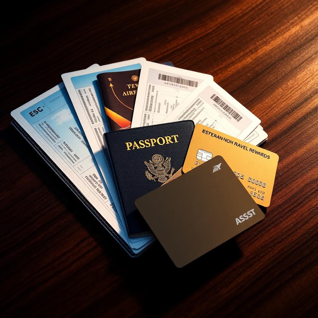Rewards And Benefits Hub Premium rewards credit cards, passport and boarding passes on a wood desk