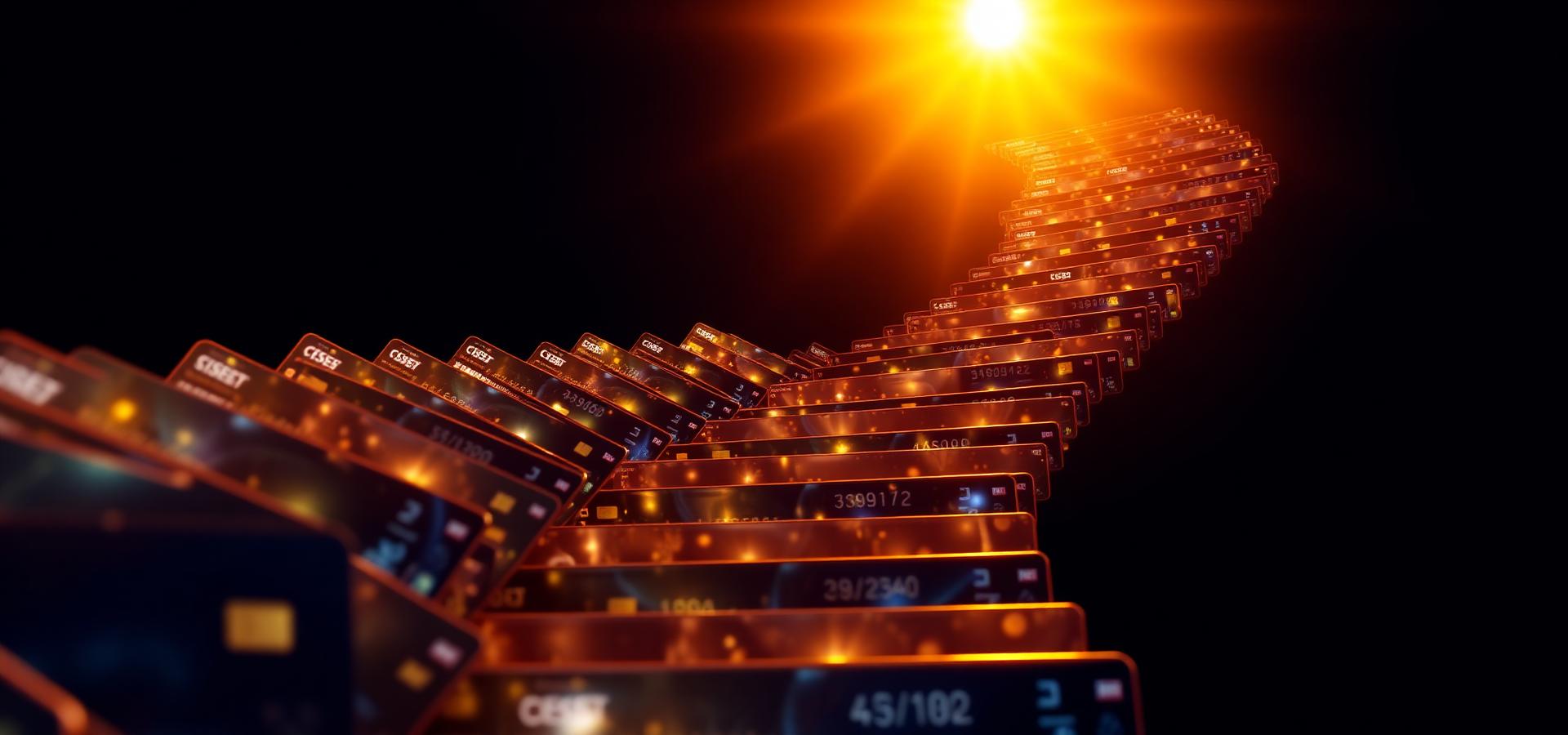 Ascending staircase of glowing credit cards climbing toward a golden sunburst, representing long-term credit growth.